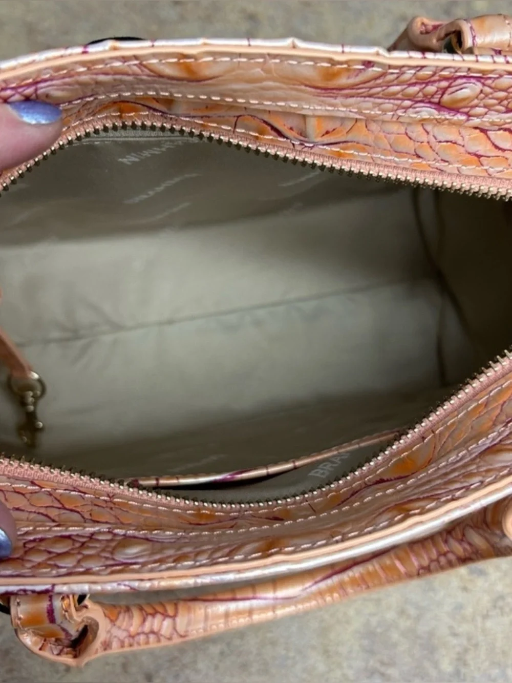 Brahmin Iridescent Peach-Pink Croc-Embossed Satchel and wallet with Gold Accent